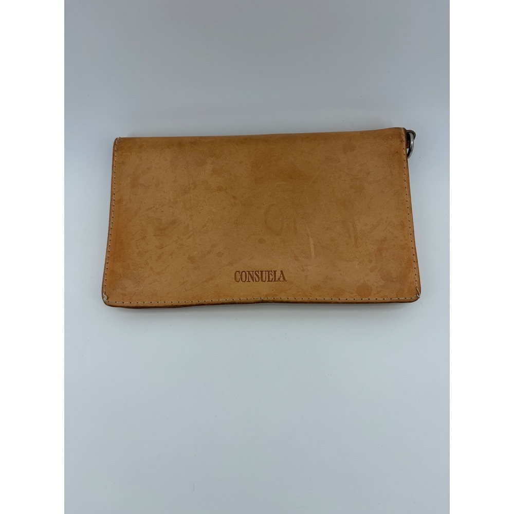 Consuela Slim Wallet Clutch OS Tan Leather Leopard Print Zip(Strap not included)